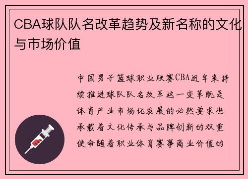 CBA球队队名改革趋势及新名称的文化与市场价值